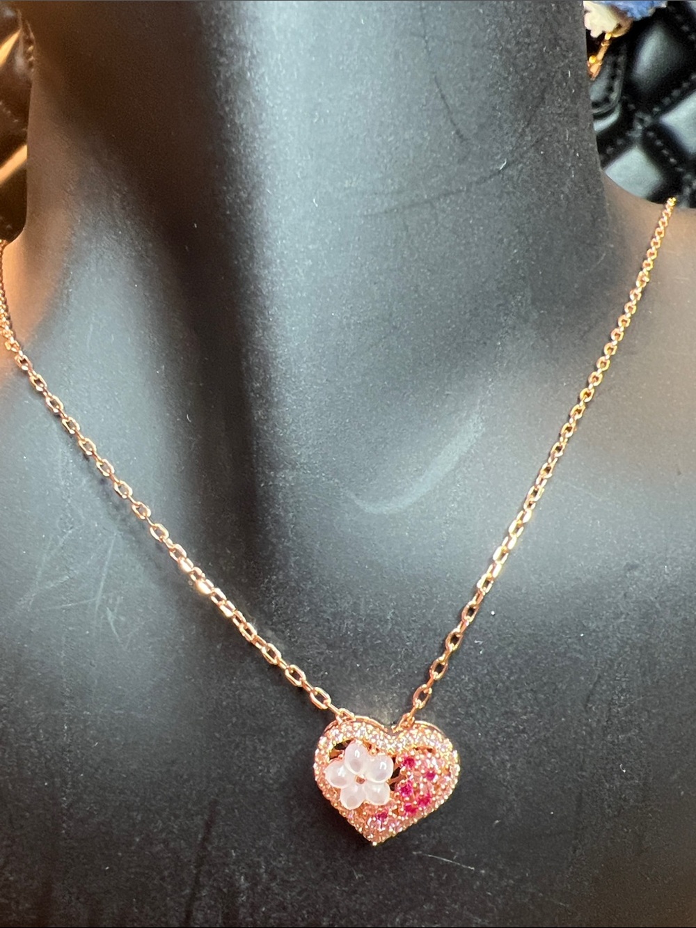 Gold-Tone Pink Crystal Heart Pendant Necklace with Flower Accent